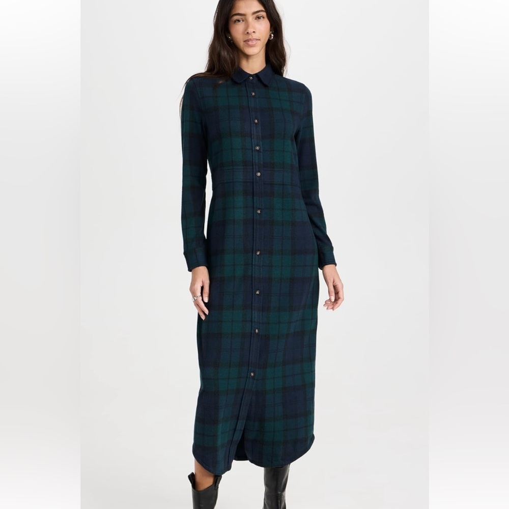 Faherty Navy and Green Plaid Long Sleeve Dress